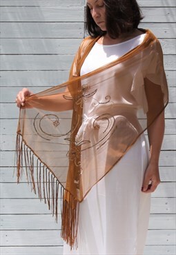Deadstock khaki brown tulle embellished sheer scarf shawl