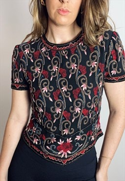 Vintage Blouse with floral beaded detail in Black and Red