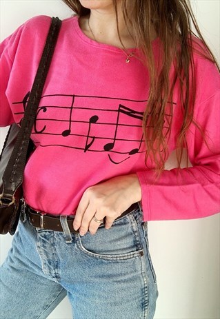 VINTAGE 80S MUSIC GRAPHIC PRINT SWEATSHIRT JUMPER PINK