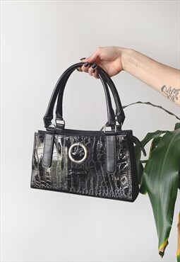 Vintage 00's Y2K Black Snakeskin Buckle Handbag Baguette Bag