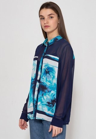 VINTAGE BLUE ESPRIT LONG SLEEVE FLORAL TRANSPERENT SHIRT