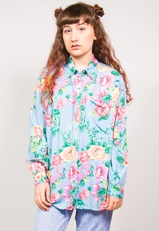 VINTAGE 90'S BLUE FLORAL PATTERN SHIRT