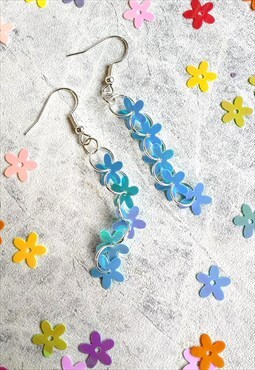 Iridescent Flower Sequin Trickle Earrings Baby Blue