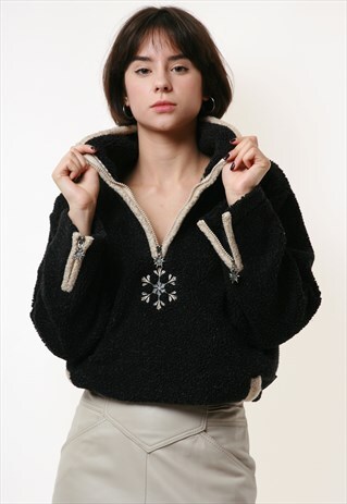 80S VINTAGE BLACK EMBROIDERED FLEECE 1/4ZIP TOP JUMPER 1850