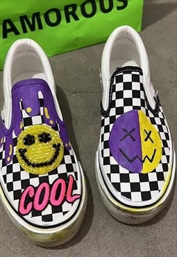 Customized emoji trainers check sneakers in black white