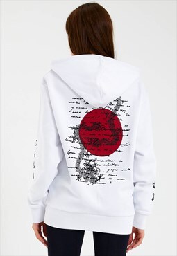 Oversized Hoodie in White with Dragon Print