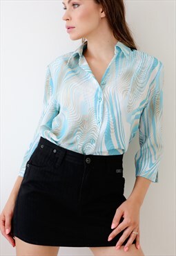 Pastel Blue Patterned 90s Shirt Abstract Vintage Blouse