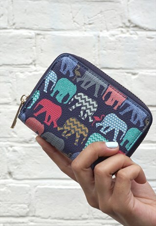 COLOURFUL ELEPHANTS ZIP AROUND VEGAN WALLET PURSE CARDHOLDER