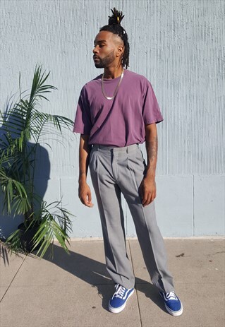 90S WOOL BLEND GREY HIGH RISE PLEATED STRAIGHT TROUSERS