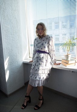 Vtg 60s White/Purple Floral Print Skirt&Jacket Co-ordinate