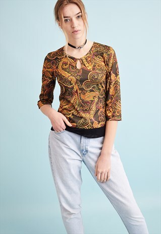 90'S RETRO PAISLEY PRINT KITSCH KEYHOLE TOP BLOUSE