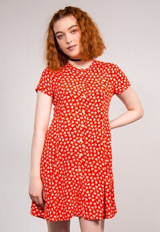 90'S VINTAGE CUTE RED FLORAL PATTERN SUMMER MINI DRESS