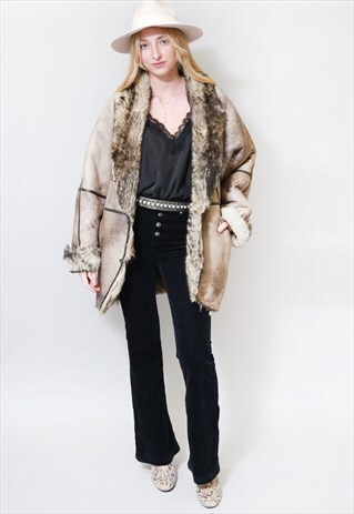 VINTAGE 1980'S TAWNY BROWN SLOUCHY SHEARLING AVIATOR COAT