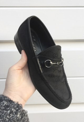 WOMENS VINTAGE GUCCI SHOES MONOGRAM PRINT LOAFERS IN BLACK