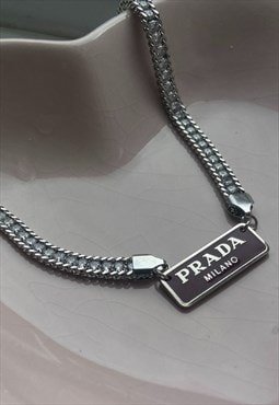 Repurposed Authentic Prada plaque tag -Rhinestone Necklace