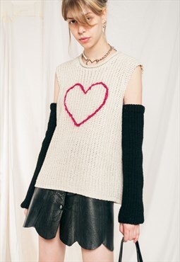 Vintage Knit Vest 90s Reworked Heart Embroidery Waistcoat