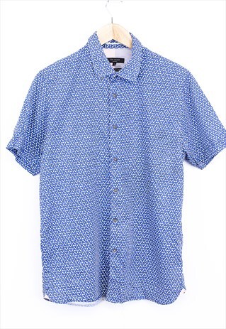 VINTAGE TED BAKER HAWAIIAN SHIRT NAVY WITH ABSTRACT PATTERN