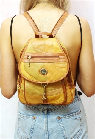 1990S VINTAGE PATCHWORK TAN REAL LEATHER BACKPACK