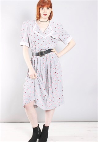 VINTAGE 80S PLEATED SPOTTY MIDI DRESS WITH LACE TRIM