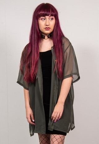 VINTAGE 90'S OLIVE GREEN SHEER SHORT SLEEVE SHIRT BLOUSE