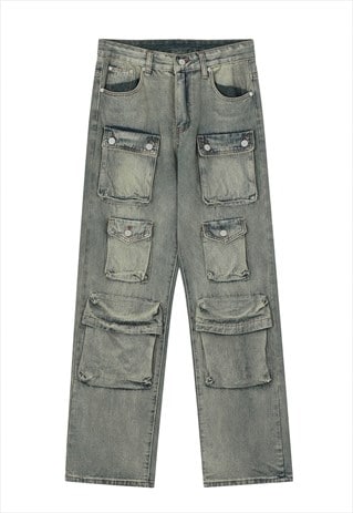 Skater jeans grunge cargo pocket denim pants in faded green