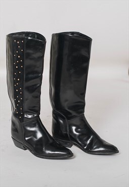 Vintage Slouchy Patent Leather Studded Boots in Black UK3