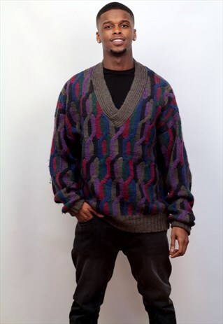 1990'S VINTAGE JAZZY WOOL KNIT V-NECK JUMPER IN MULTICOLOUR