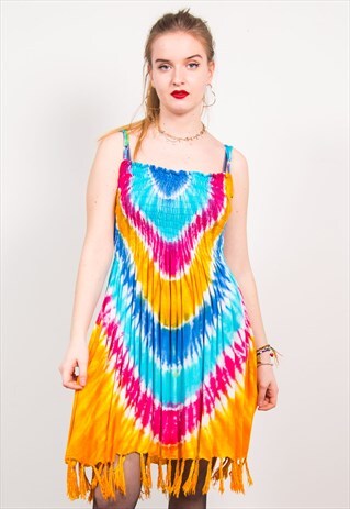 VINTAGE 90'S COLOURFUL TIE DYE TASSEL FRINGE MINI DRESS