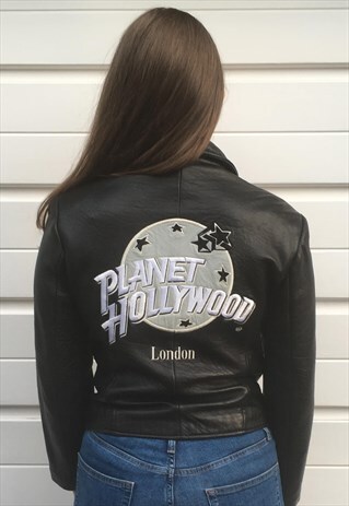 WOMENS VINTAGE JACKET PLANET HOLLYWOOD BLACK LEATHER COAT