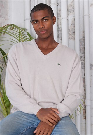 VINTAGE LACOSTE LOGO V-NECK JUMPER BEIGE