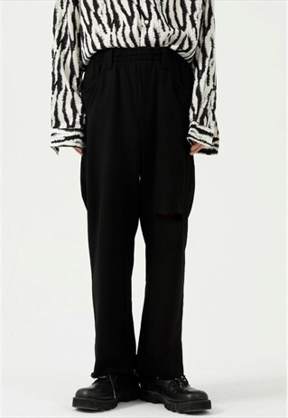 KALODIS LOOSE SOLID COLOR SIMPLE WIDE-LEG RIPPED TROUSERS