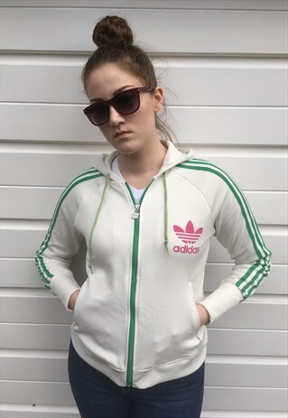 WOMENS WHITE GREEN PINK ADIDAS HOODIE ZIPPER JACKET