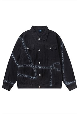 Chain denim jacket barbered wire bomber grunge varsity black