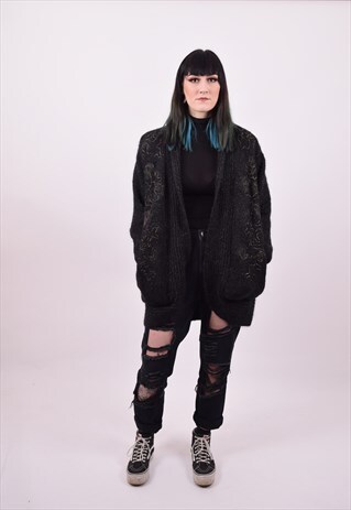VINTAGE 80'S BLACK MOHAIR OVERSIZED GRUNGE CARDIGAN MEDIUM