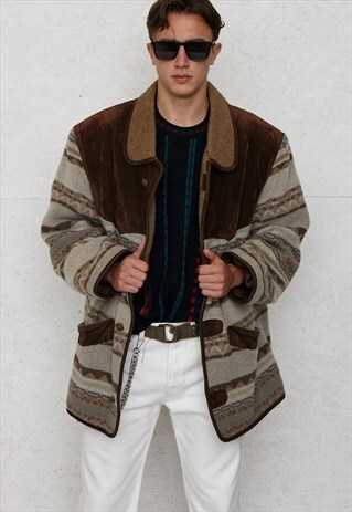 VINTAGE BROWN GREY CASUAL LAND SHEARLING AZTEC JACKET