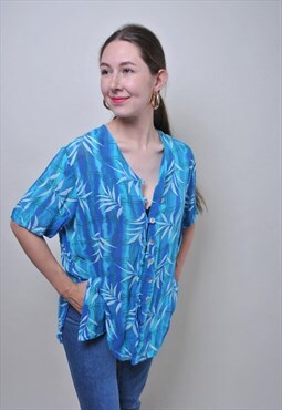 Vintage blue floral blouse, retro summer short sleeve shirt 