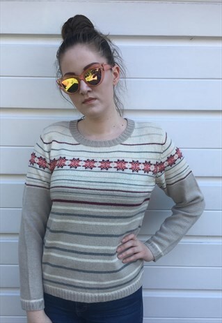 WOMENS VINTAGE 80S JUMPER BEIGE NORDIC PATTERNED SWEATER