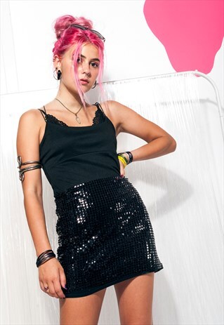 VINTAGE SKIRT 90S BLACK SEQUIN GLITTER PARTY MINI SKIRT
