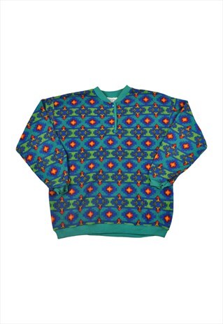 Vintage Fleece 1/4 Button Retro Pattern Green/Blue Ladies L