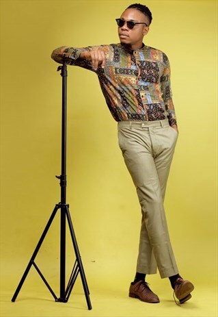 PAISLEY PATCH LONG SLEEVE COTTON SHIRT WITH GRANDAD COLLAR