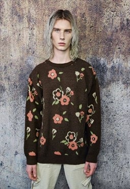 Floral sweater vintage flowers print jumper retro top brown