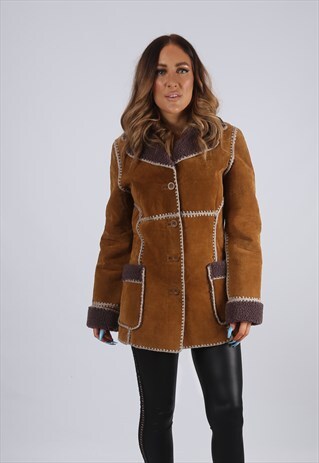 VINTAGE SUEDE 'SHEEPSKIN STYLE' COAT SHORT UK 8 XS (J2N)