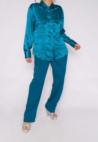 VINTAGE LUXE SATIN PEACOCK BLUE BLOUSE