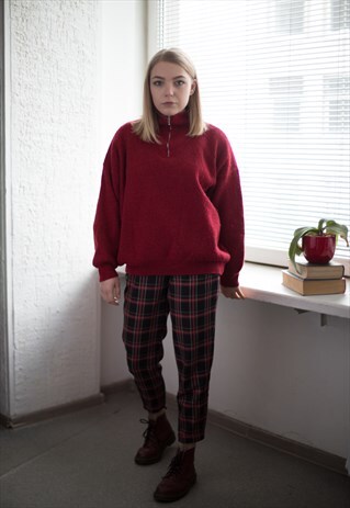 VINTAGE 80'S RED WOOL RIBBED HIGH COLLAR CROPPED JUMPER