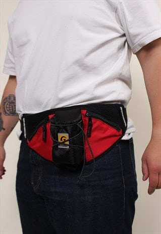 VINTAGE 90S HIKING WAIST BAG, RED BLACK SPORT TRAVEL BUM BAG