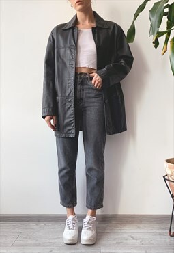 Vintage Unisex Black Oversized Button Up Leather Jacket Coat
