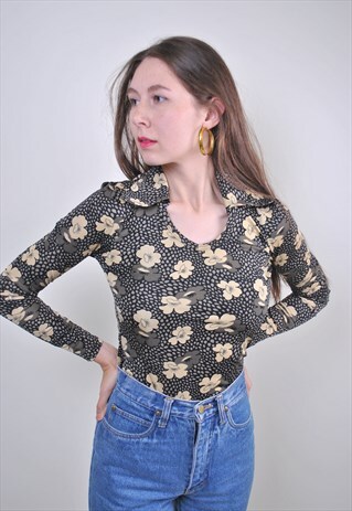 VINTAGE COLLARED FLOWERS PULLOVER WOMEN BLOUSE, SIZE M