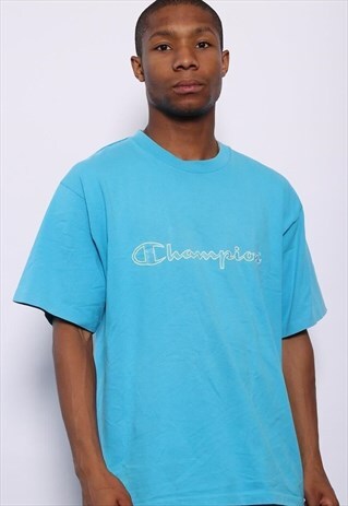 VINTAGE CHAMPION BIG SPELL OUT LOGO T-SHIRT BLUE