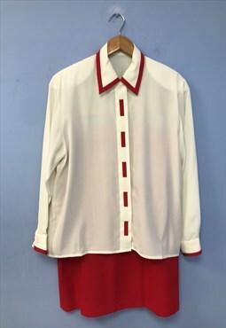 Vintage 80s Suit Red White 3 Pcs Shirt Skirt Jacket Formal