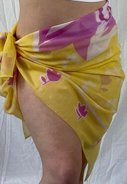 Y2K Yellow Flower Print Sarong Beach Wear Cover Up 00s 